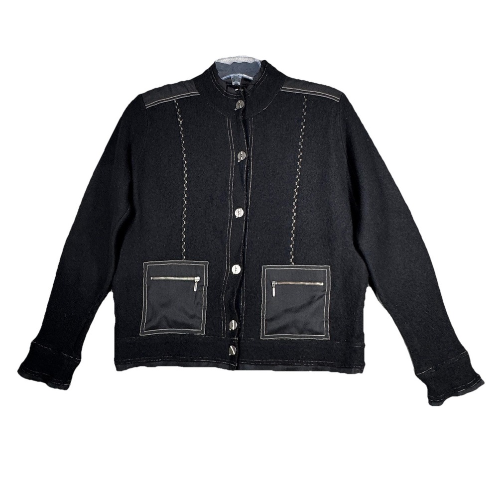 Chicos Jacket Womens Medium Black 100% Wool Neutral Minimalist Bohemian Vintage